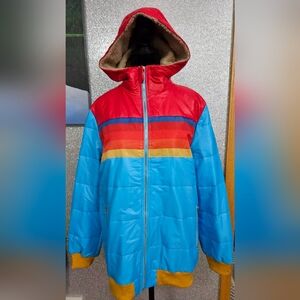 Vintage Rainbow Multicolor Puffer Bomber Jacket, Hood, XL
